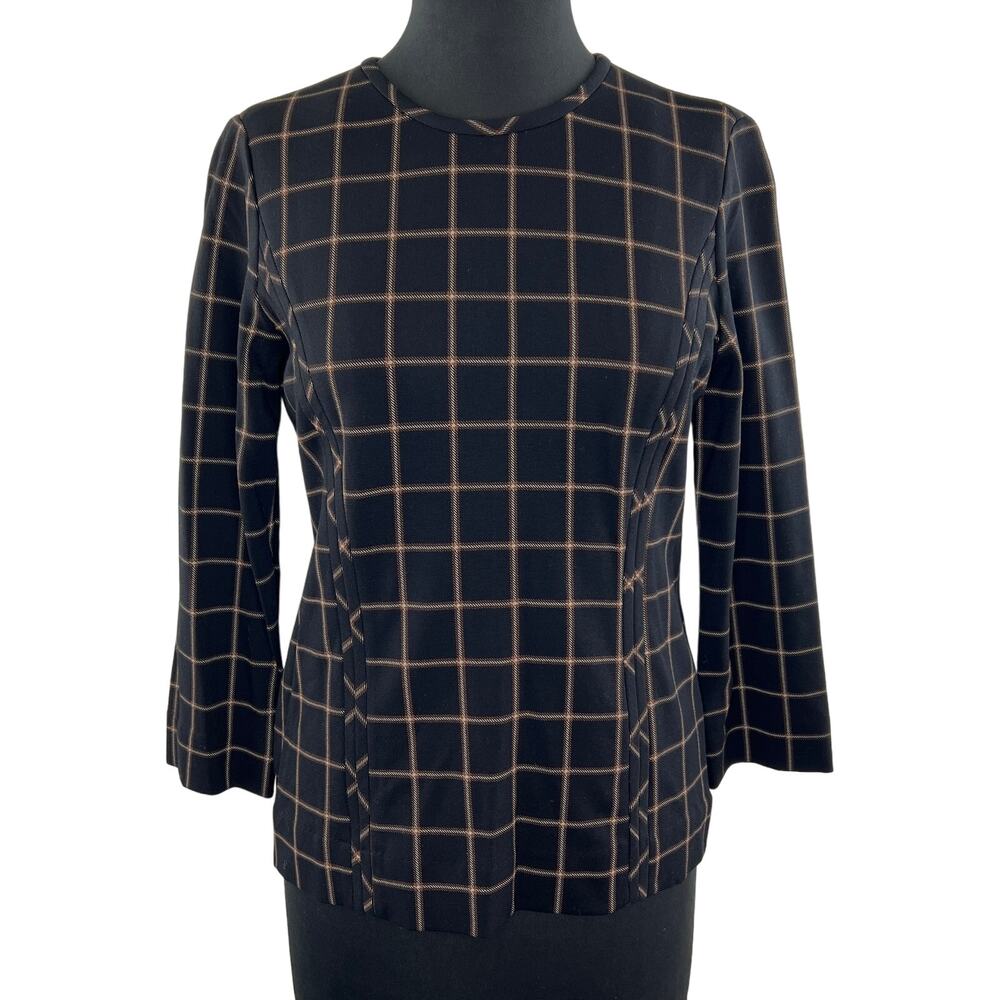 Carlisle Collection Black Brown Window Pane Check Long Sleeve Fitted Blouse Sz 2